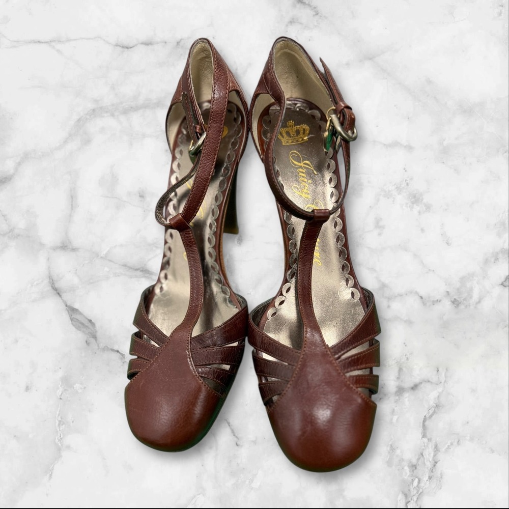 Juicy Couture Brown Leather T Strap Heels with‎ Charm Platform Pumps 7.5